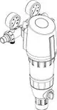 Syr Wasserstation mit zwei Manometern und Anschluss für Wasserleitungen. Das Gerät ist zylindrisch und verfügt über einen Drehschalter zur Regulierung des Wasserdurchflusses.